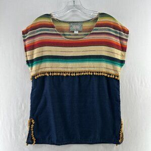 Silverado Southwestern Top Womens XS Boho Piper Pom Pom Trim Serape Striped Blue